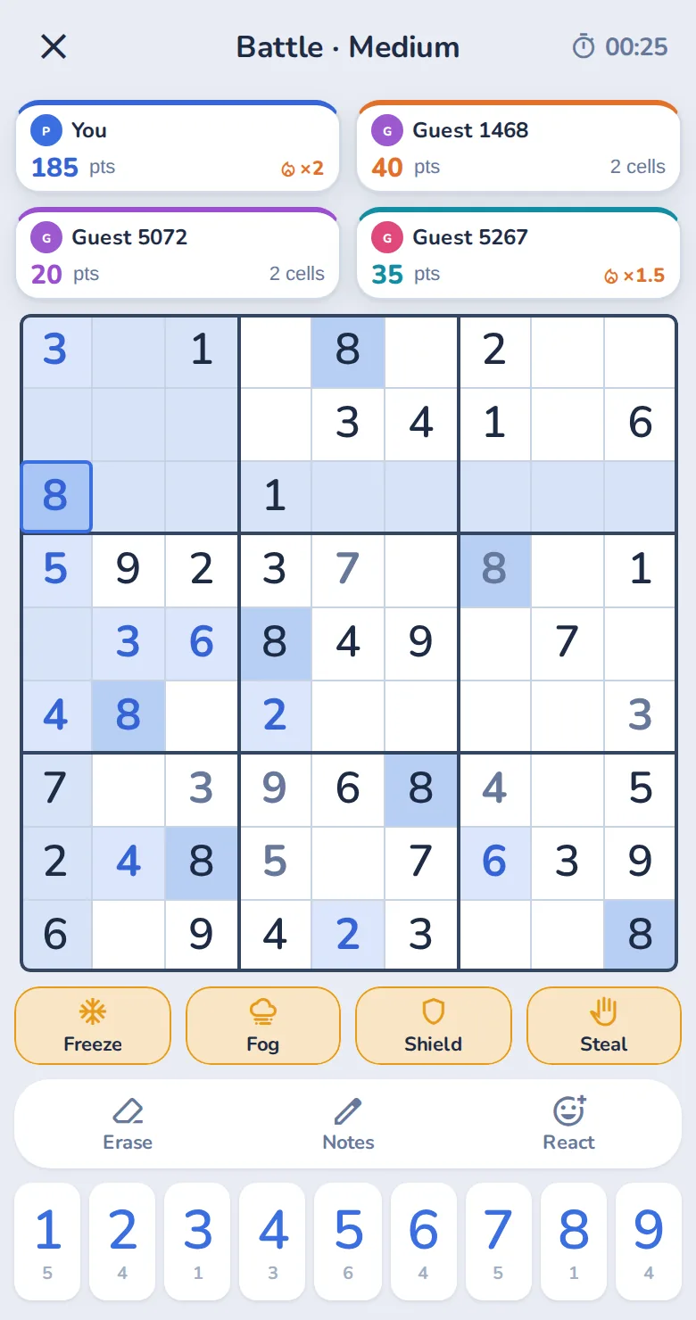 A Battle game in Sudoku Knockout: four players, one shared board and the power-ups ready to use.
