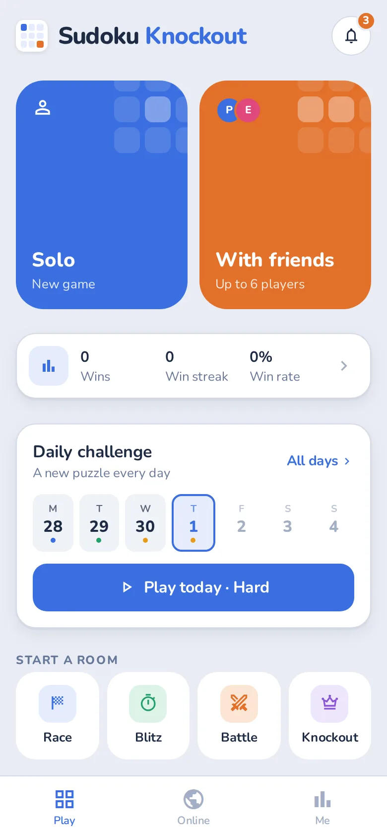 The Sudoku Knockout home screen: solo games, playing with friends and the daily challenge.