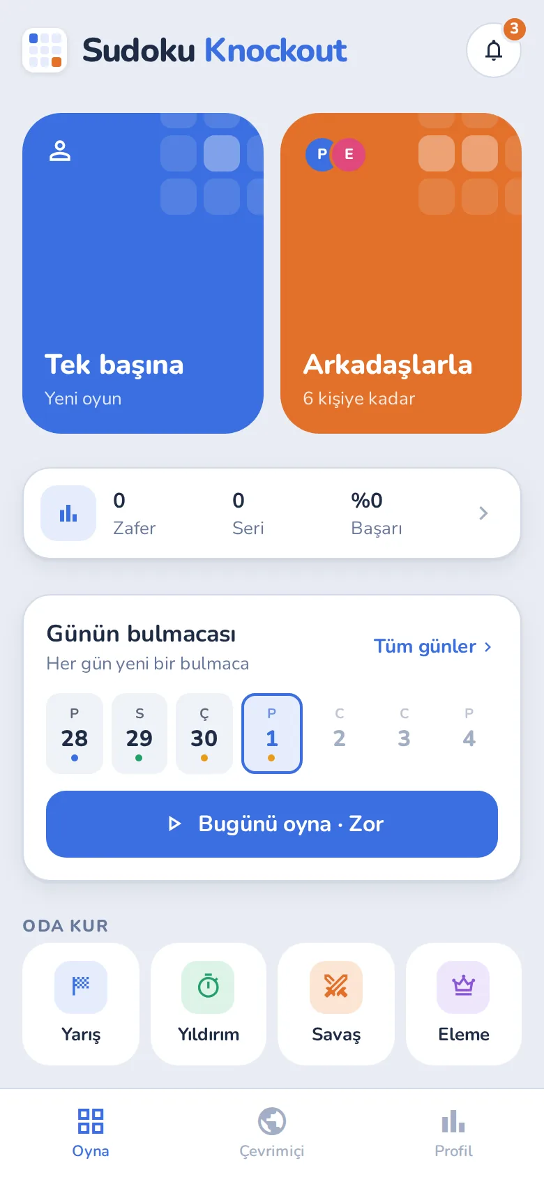 Sudoku Knockout ana ekranı: tek başına oyun, arkadaşlarla oyun ve günün bulmacası.